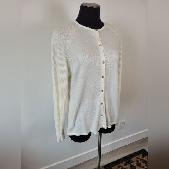 Vintage Carolyn Taylor Cardigan Sweater Cream Soft Knit Preppy Grandma Medium - Picture 2 of 9